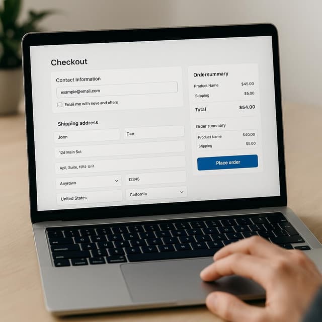E-commerce checkout interface with product summary, payment details, and order total