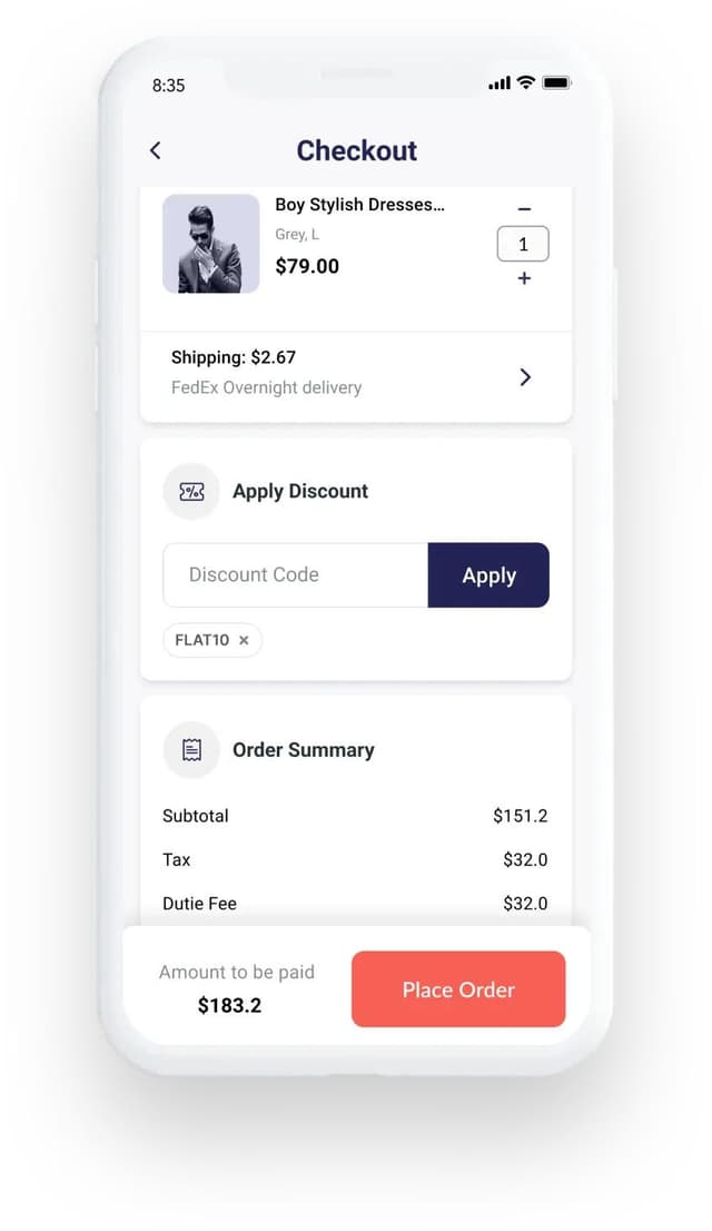 Mobile ecommerce checkout screen showing order and payment details